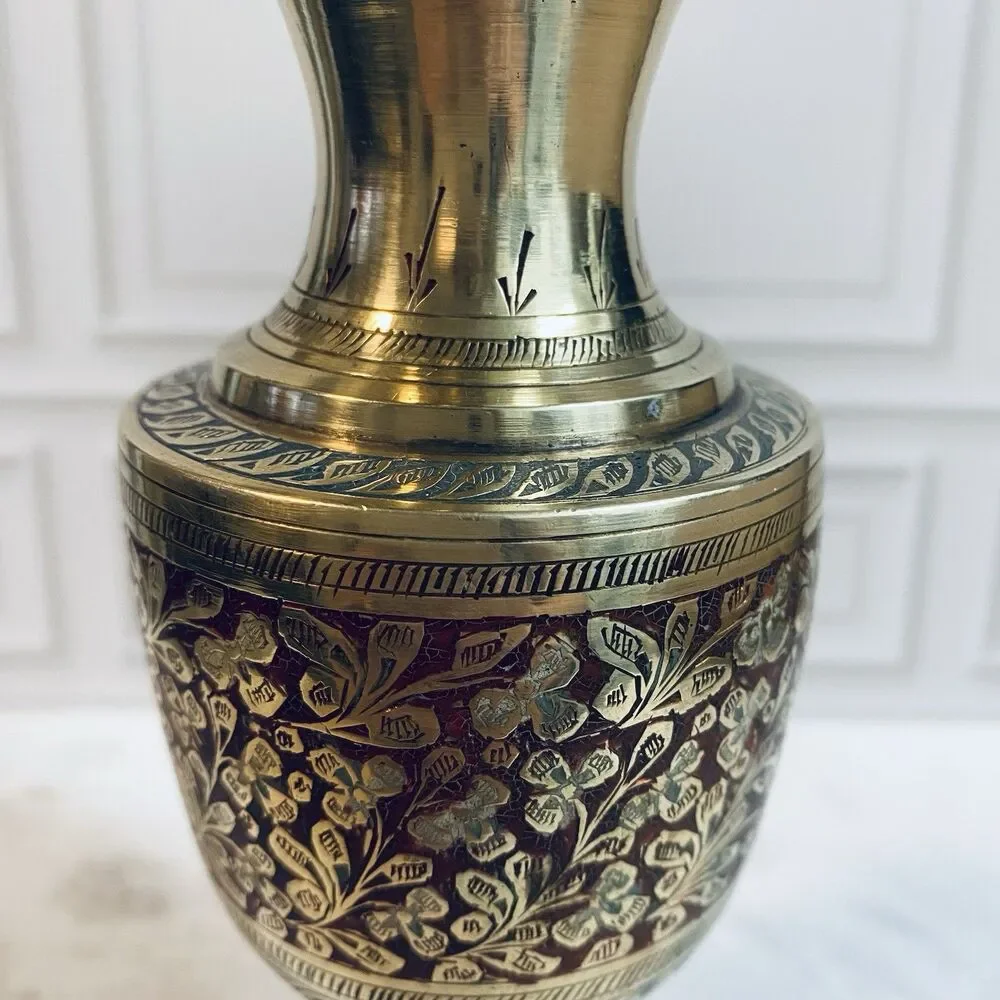 Vintage Brass Pedestal Etched Floral Footed Vase 7”